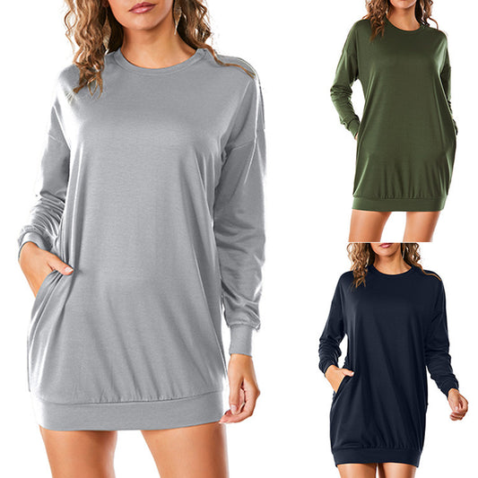 Pullover Round Neck Solid Color Casual Long Pocket Sweatshirt